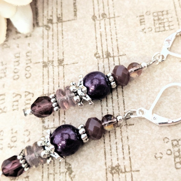 Violet Earrings Bohemian Dangle Handmade Dark Purple, Sterling Silver Earrings Leverback, Birthday Gift for Daughter, Nonpierced Earrings