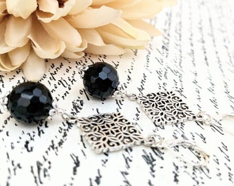Sterling Silver Filigree Earrings, Black Earrings Dangle, Hypoallergenic, Crystal Earrings Silver, Gothic Earrings for Her Victorian Jewelry