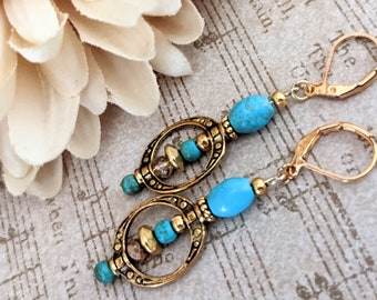 Turquoise Earrings Gold, Statement Jewelry Gift for Mom, Birthstone Jewelry Beaded Dangle Earring Boho Chic Earrings, Leverback Earrings