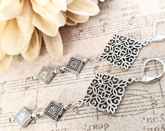 Silver Earrings, Pewter Earrings Leverback, Ethnic Earrings Sterling Silver, Bohemian Jewelry for Her, Boho Dangle Earrings Handmade Jewelry