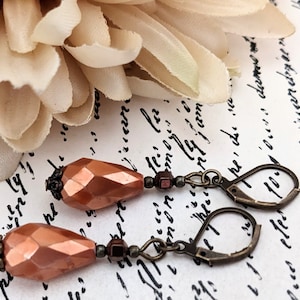 Copper Teardrop Earrings Dangle, Hypoallergenic, Crystal Drop Earrings Bronze, Nonpierced Earrings for Women, Nickel Free Clip Earrings Drop