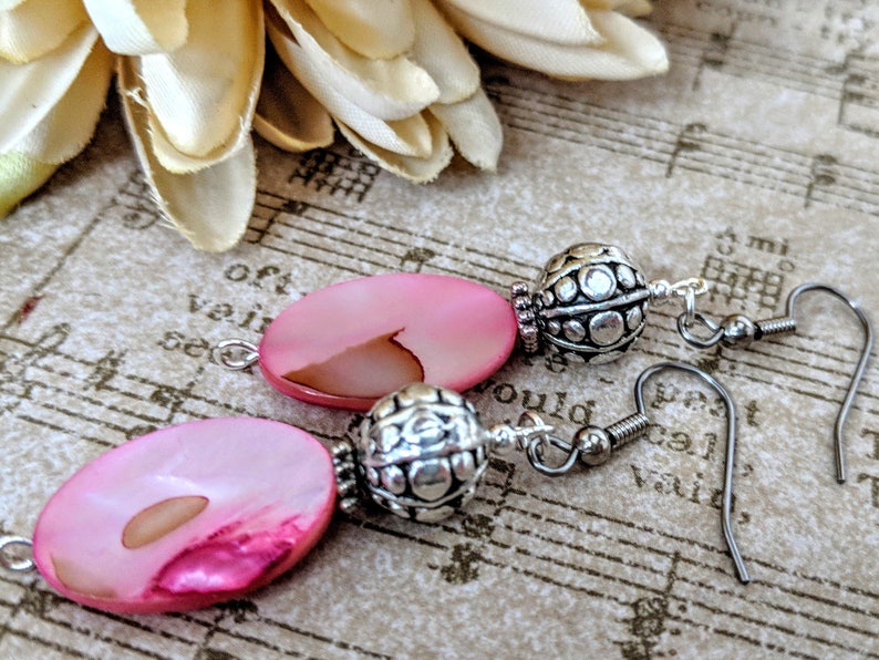 Pink Earrings Natural Jewelry Pewter Mom Birthday Gift from Daughter Boho Dangle Earrings Handmade Mother of Pearl Jewelry Fuschia