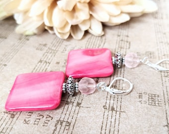 Sterling Silver Fuchsia Mother of Pearl Jewelry, Pink Boho Earrings Dangle, Best Selling Jewelry Magenta Earrings Artisan, Statement Jewelry