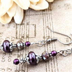Sterling Silver Violet Earrings, Amethyst Earrings Dangle, Dark Purple Pearl Earrings Gift for Her, 30th Anniversary Gift for Wife, Artisan