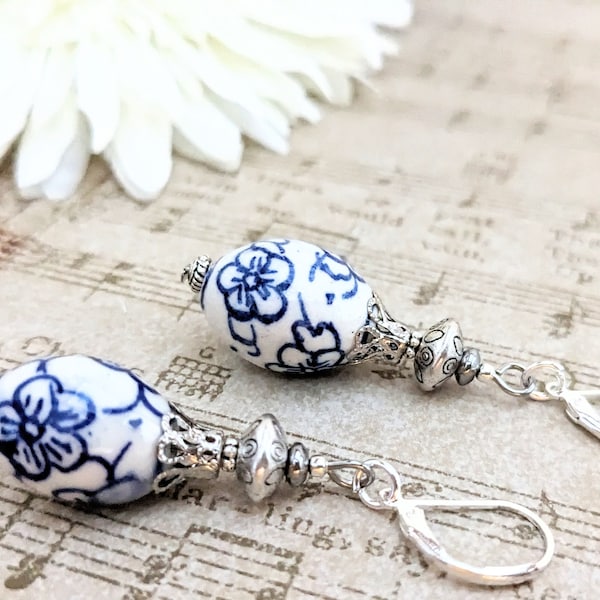 Sterling Silver Delft Blue Earrings, Ceramic Earrings Artisan Jewelry, Unique Gifts for Her, Dutch Blue Jewelry, Travel Gift for Girlfriend