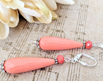 Sterling Silver Pink Coral Earrings, Wife Holiday Gift, Jade Jewelry, Bridesmaid Clip On Earrings Dangle, Spring Earrings, Artisan Earrings