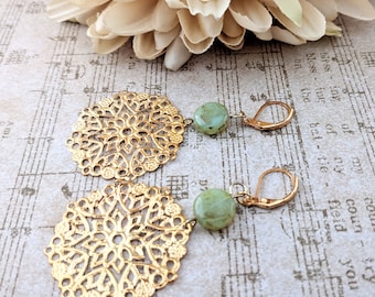 Boho Earrings Gold, Moss Green Earrings Dangle Clip On, Wiccan Jewelry Sage, Mandala Earrings, Birthday Gift for Mom, Chakra Jewelry Gift