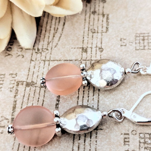 Sterling Silver Sea Glass Earrings, Hypoallergenic, Blush Pink Earrings Dangle, Beach Bum Gift for Mom, Pewter Earrings, Seaglass Jewelry