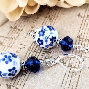 Sterling Silver Delft Blue Earrings Dangle, Cottagecore Gift for BFF, Flower Earrings, Handmade Earrings, Floral Earrings, Navy Ceramic Gift