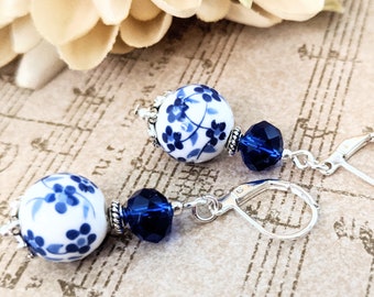 Sterling Silver Delft Blue Earrings Dangle, Cottagecore Gift for BFF, Flower Earrings, Handmade Earrings, Floral Earrings, Navy Ceramic Gift