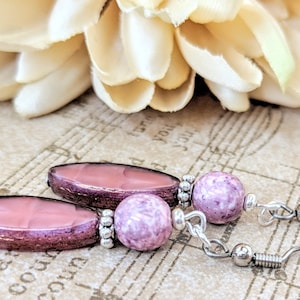 Cottagecore Earrings Clip On, Pink Earrings Dangle Sterling Silver, Blush Earrings Handmade Jewelry Artisan, Czech Glass Earrings Dark Pink