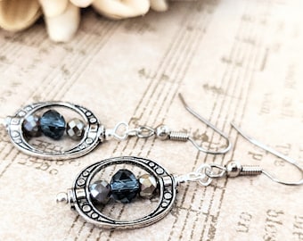 Sterling Silver Blue Boho Earrings Dangle, Navy Blue Earrings, Nonpierced Earrings for Women, Crystal Drop Earrings, Pewter Earrings for Her