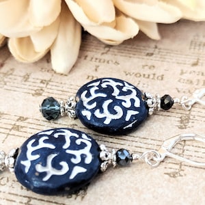 Sterling Silver Blue Wood Earrings Dangle, Boho Chic Earrings for Women, Sustainable Jewelry Ecofriendly Earrings Organic, Natural Earrings