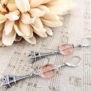 Sterling Silver French Earrings, Eiffel Tower Earrings, Czech Glass Earrings Dangle, Francophile Gift for Her, French Teacher Gift for Women