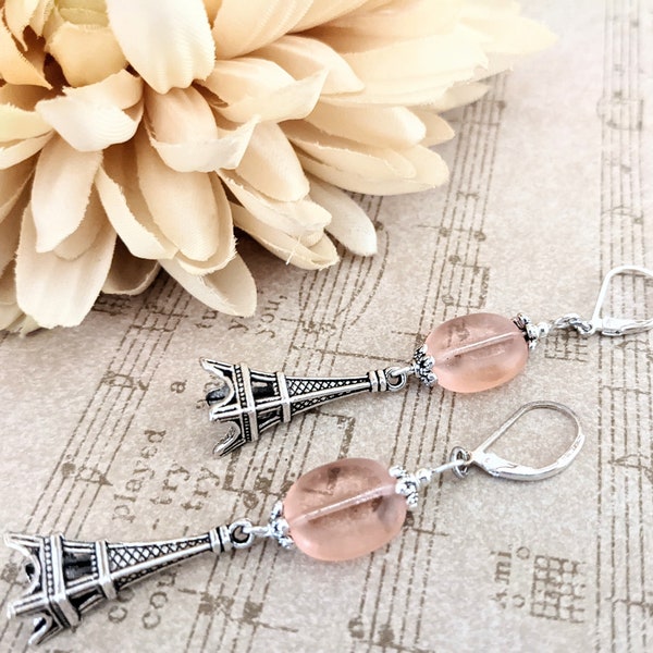 Boucles d'oreilles françaises en argent sterling, boucles d'oreilles tour Eiffel, boucles d'oreilles pendantes en verre tchèque, cadeau francophile pour elle, cadeau professeur de français pour femme