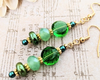 Emerald Green Earrings Gold, Hypoallergenic, Boho Chic Earrings for Her, June Birthstone Jewelry, Green Pearl Earrings Dangle, New Age Gifts