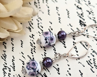 Sterling Silver Purple Earrings Dangle, Porcelain Jewelry, Cottagecore Earrings Gift for Women, Dark Purple Pearl Earrings, Flower Earrings