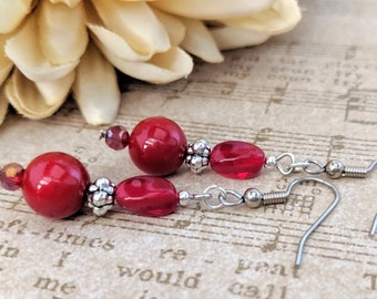 Sterling Silver Red Earrings Dangle, Clip On Earrings for Women, Red Pearl Jewelry Nickel Free, Boho Chic Earrings Artisan Jewelry, Mom Gift