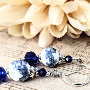 Sterling Silver Delft Blue Earrings Dangle, Vintage Ceramic Earrings, Flower Earrings Navy Blue, Cottaqgecore, Handmade Jewelry Best Sellers
