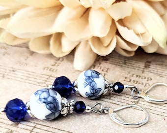 Sterling Silver Delft Blue Earrings Dangle, Vintage Ceramic Earrings, Flower Earrings Navy Blue, Cottaqgecore, Handmade Jewelry Best Sellers
