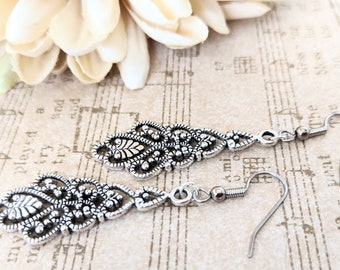 Sterling Silver Earrings Antique Style Drop Earrings, Art Deco Jewelry, Pewter Earrings Dangle, Victorian Earrings Handmade Jewelry Gift for