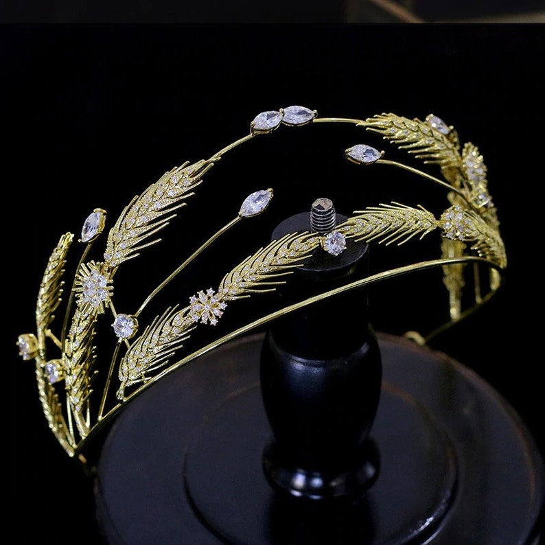 New Tiara Gold Wheat Ear Crystal Bridal Tiara Wedding Zirconia Etsy