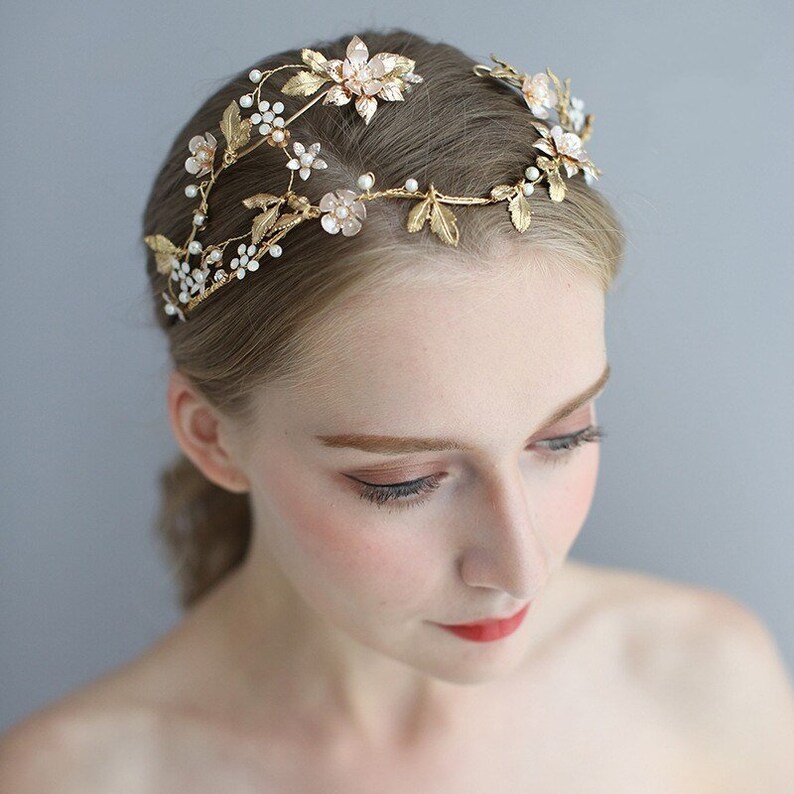 Gold Leaf Floral Wedding Tiara Hair Crown Rhinestone Etsy