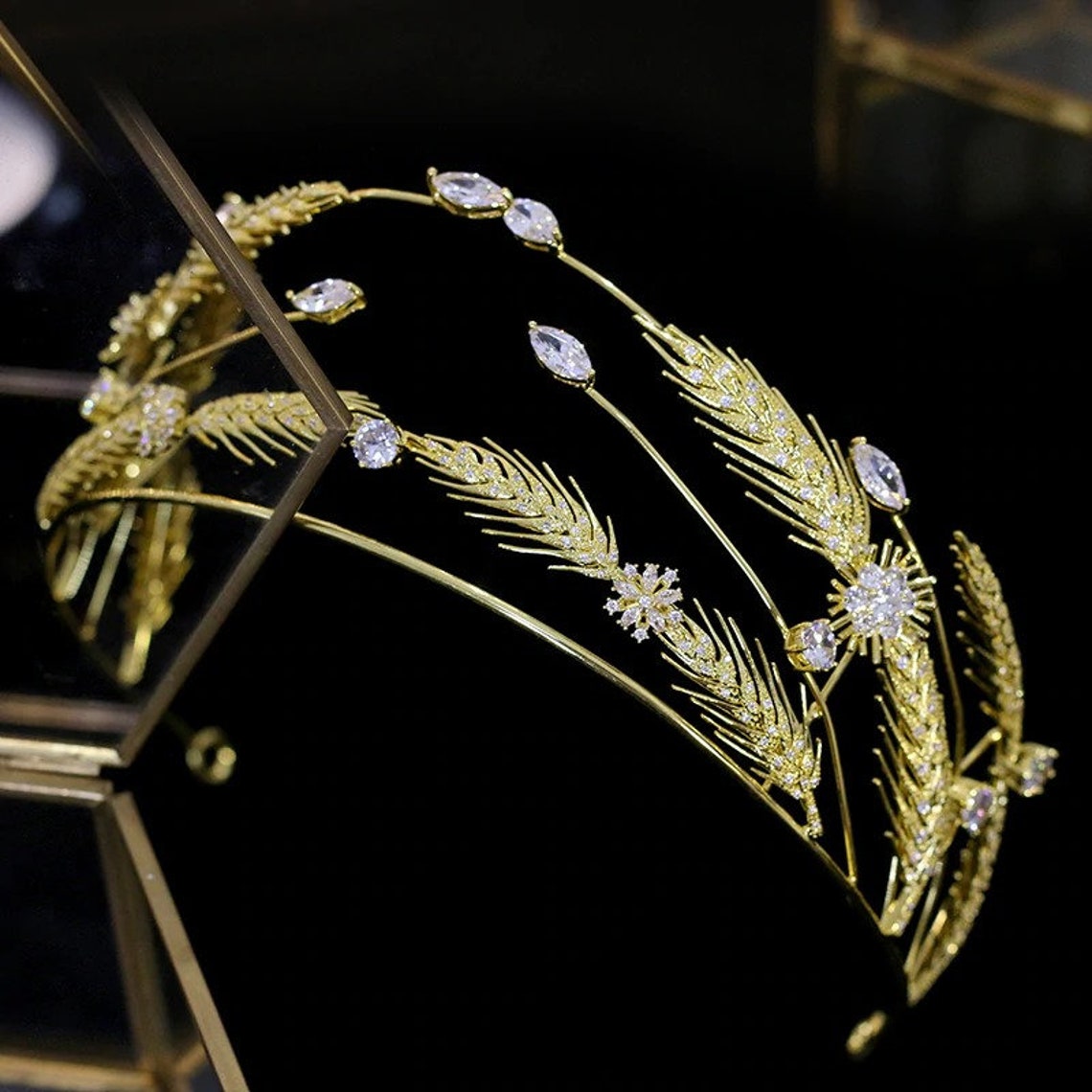 New Tiara Gold Wheat Ear Crystal Bridal Tiara Wedding Zirconia Etsy