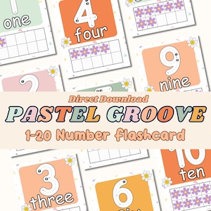 Modèle de fiche technique numérique 1-20, affiche de classe, apprentissage Montessori éducatif, apprentissage rétro groove à la maison pour tout-petits et enfants d'âge préscolaire.