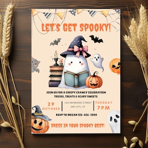 Bookish Halloween Invitation Template, Editable Canva Ghost Card, Spooky Party Invitation for Halloween Party.