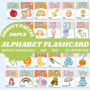 Alphabet Poster Karte, Groovy Buchstaben Karteikarten Set, Homeschool Klassenzimmer Dekor, druckbare Lernressource für Lehrer.