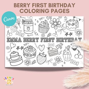Editable Berry First Theme Coloring Favors, Strawberry Coloring 1st Birthday Printable, Party Favors and Kids Kit.