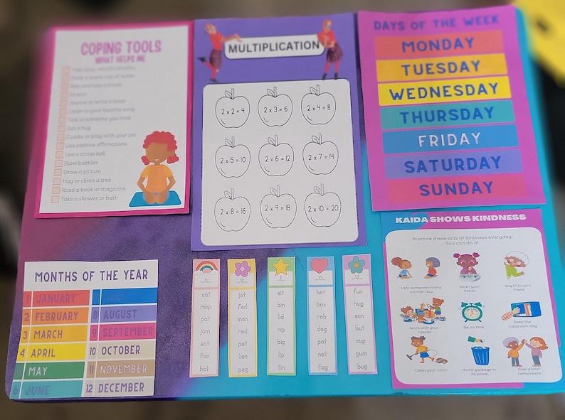 May include: A set of colorful educational posters for children. The posters cover topics such as coping tools, multiplication, days of the week, months of the year, and kindness. The posters feature illustrations of apples, people, and other objects.