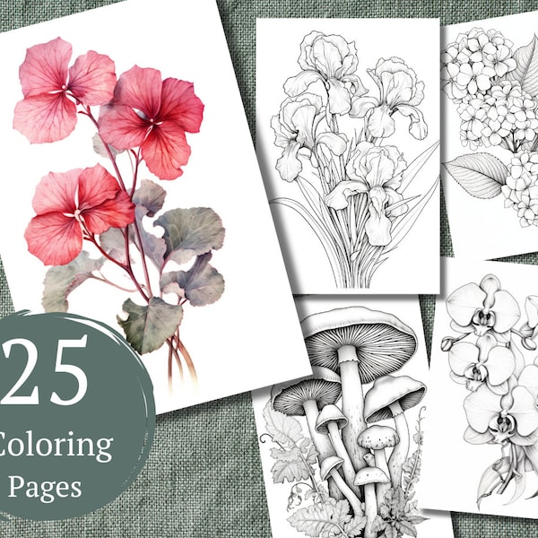 25 Floral Botanical Coloring Book Pages, Instant PDF Download - For Adults, Grayscale Vintage Botanical Illustrations