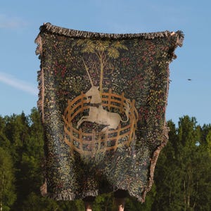Unicorn In Captivity Woven Blanket – Renaissance Art Woven Blanket, Vintage Classic Artwork, Elegant Medieval Design