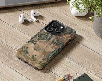 中世美術の捕らわれたユニコーンを描いた丈夫なスマホケース | ルネッサンス、クラシカル、コテージコア、グランジ、ダーク、アカデミア、エセリアルなデザイン