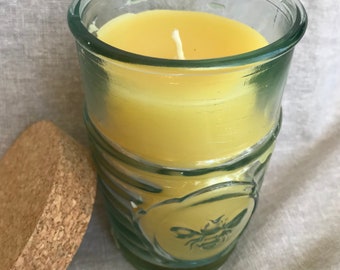 Beeswax Candle in Spanish Glass Bee Jar, we use only Pure USA Beeswax, Cotton Wick.  Unscented or Lavender or Eucalyptus oil scented
