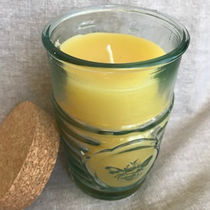 Beeswax Candle in Spanish Glass Bee Jar, we use only Pure USA Beeswax, Cotton Wick.  Unscented or Lavender or Eucalyptus oil scented
