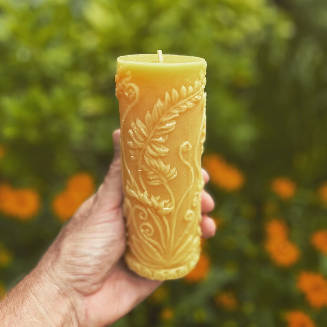 Beeswax Pillar Candle With Fern Leaf Cylinder Design Made With Pure USA ...