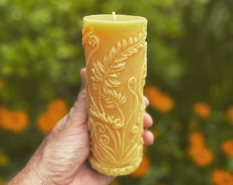 Beeswax Pillar Candle with Fern Leaf Cylinder Design made with Pure USA Beeswax Handmade by Beekeepers Like Me - FAST Shipping