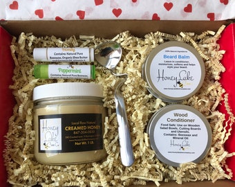 Bee Gift Box for Him - Beard Balm, Creamed Honey, Wood Conditioner Lip Balm and  Silver Honey Spoon