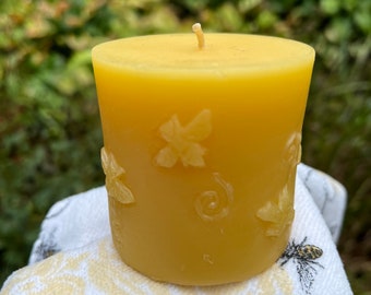 Beeswax Pillar Candle with Whimsical Bee Design Handmade by Beekeepers Like Me, 100% Pure USA Beeswax