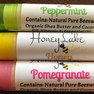 Lip Balm with Pure USA Beeswax from Our Beehives  and all Natural Ingredients- Honey; Peppermint and Pomegranate Lip Balm Flavors