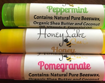 Lip Balm with Pure USA Beeswax from Our Beehives  and all Natural Ingredients- Honey; Peppermint and Pomegranate Lip Balm Flavors