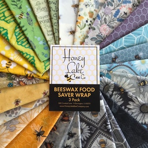 Beeswax Food Saver Wrap.  Used for wrapping food to keep it fresh.  Replaces plastic wraps.  We have many bee themed fabrics!  Our 3 pack is most popular.