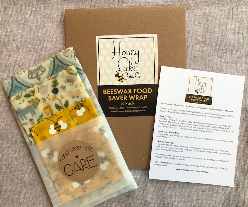 Beeswax Food Wraps: USA Handmade, Bee Theme, Reusable, 3-Pack or individual sizes, fast shipping