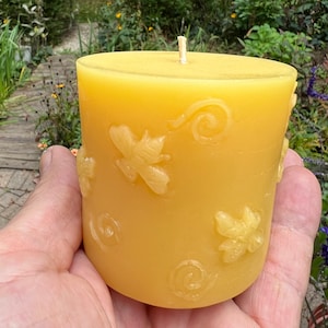 Pure Beeswax Pillar Candle Honeybee Design handmade by beekeepers like me