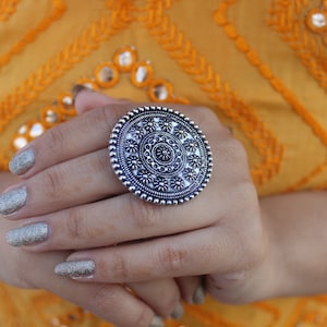 Bollywood Oxidized Silver Plated Adjustable Statement Party Wear Big Finger Ring for women & girls, Engraved Ring