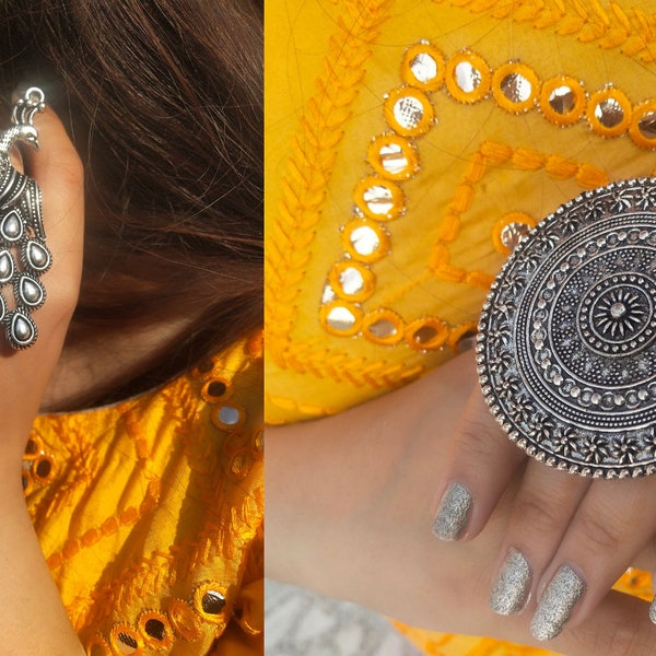 Bollywood Trending oxidierter Silber vergoldeter handgefertigter verstellbarer Ring / Mode-Ring / Statement-Ring / traditioneller Ring / indischer Ring-Kombination von 2