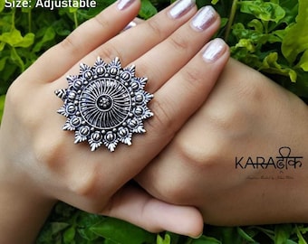 Adjustable Silver Ring, Boho Rings, Silver Statement Ring, Floral Ring, Big Silver Ring, Hippie Accessories, Silver Rings